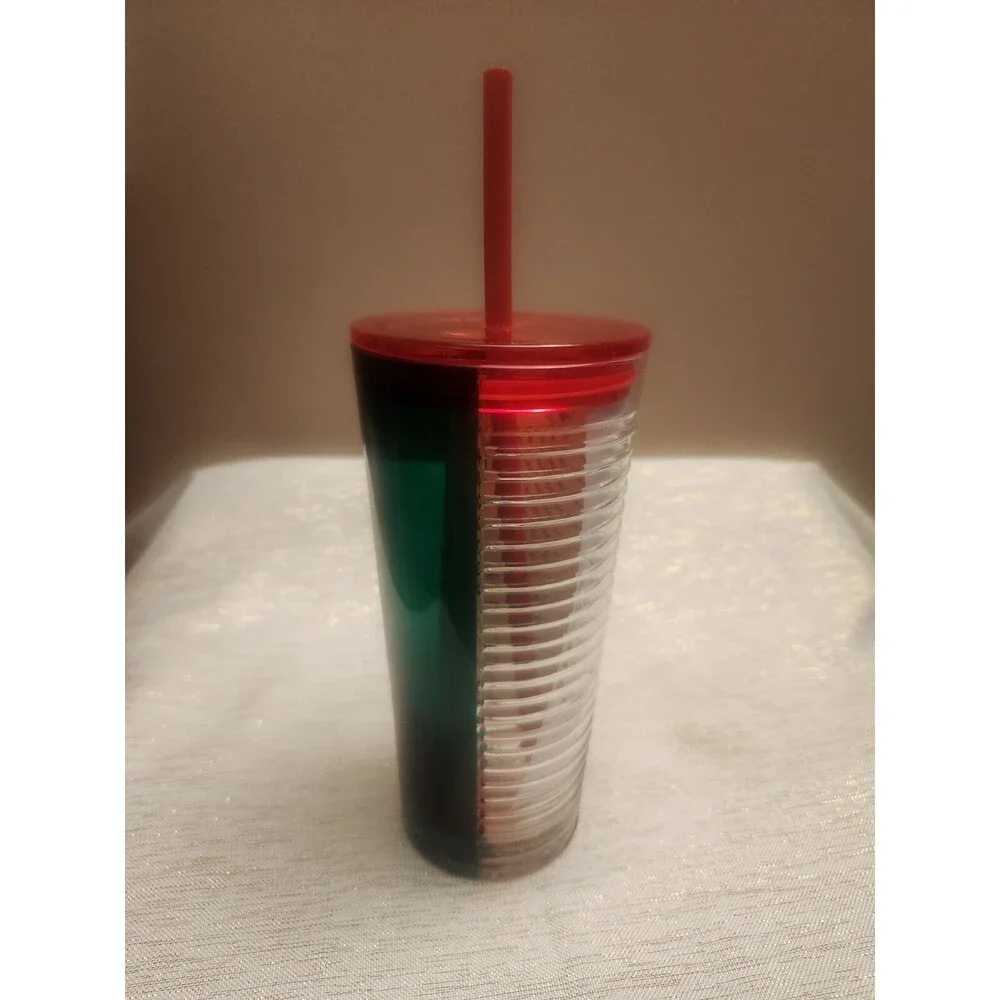 Starbucks Christmas 2021 Red Green Clear Glass Tumbler Cup 18oz Holiday Ribbed